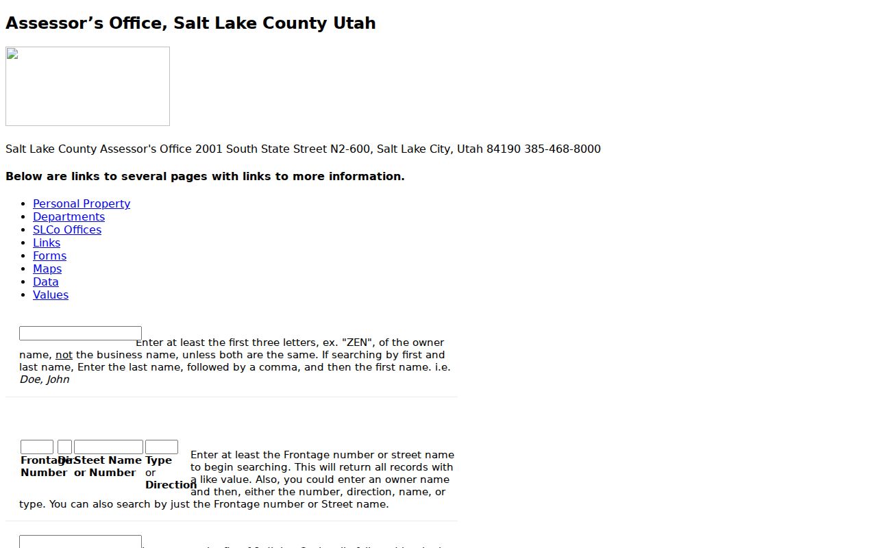 Holladay people search fields in the Salt Lake County Assessor portal