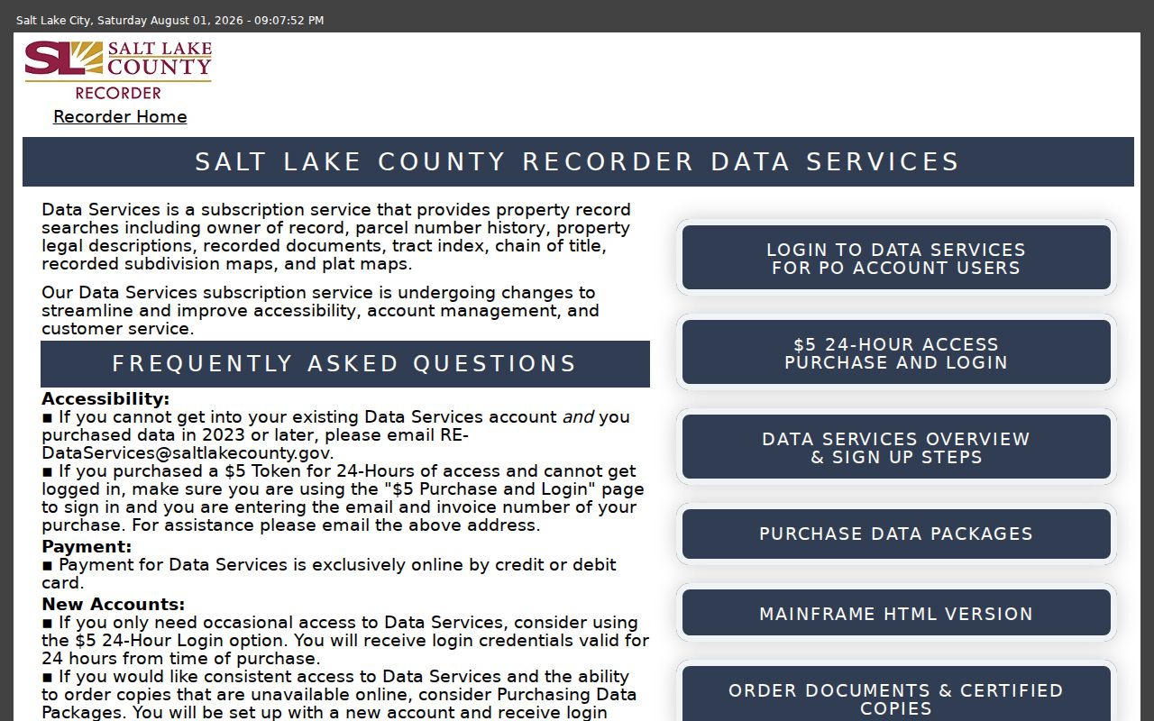 Holladay public records Recorder Data Services access screen