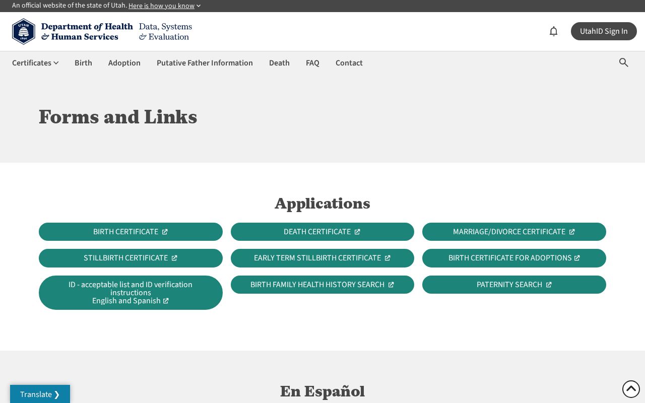 Holladay public records Utah vital certificate application links